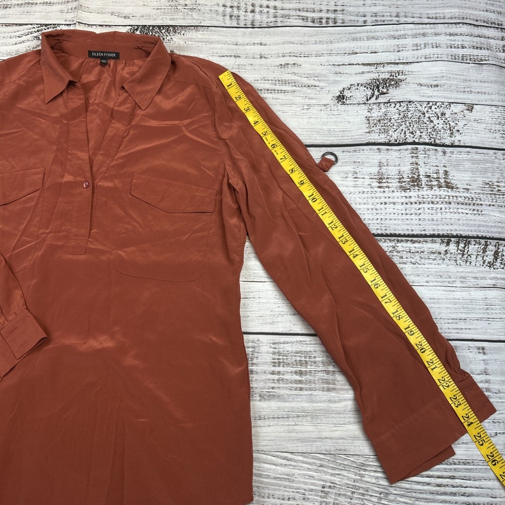 Eileen Fisher Shirt Womens Small Red Salmon 100% Silk Popover Blouse Long Sleeve - Picture 3 of 9